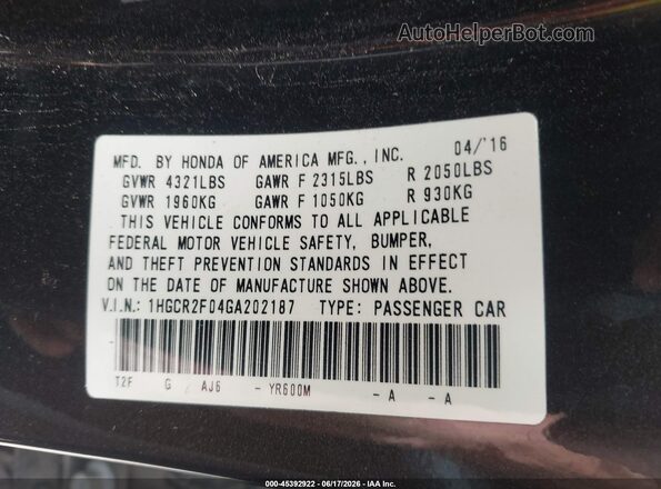 1HGCR2F04GA202187 2016 HONDA ACCORD Черный Вид подкапотного пространства