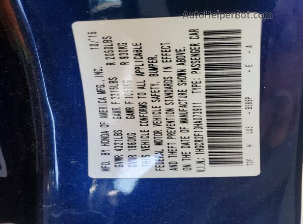 1HGCR2F10HA073911 2017 HONDA ACCORD Blue VIN sticker view