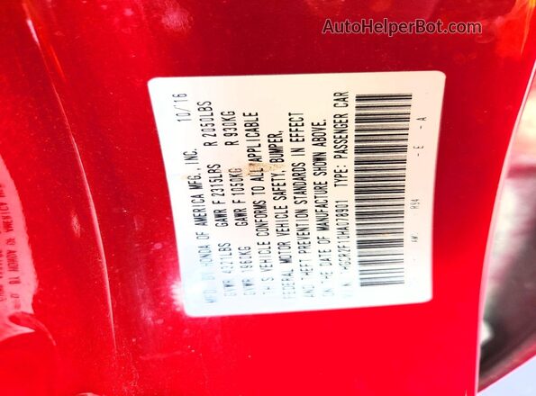 1HGCR2F10HA078901 2017 HONDA ACCORD Красный Вид наклейки с VIN-кодом