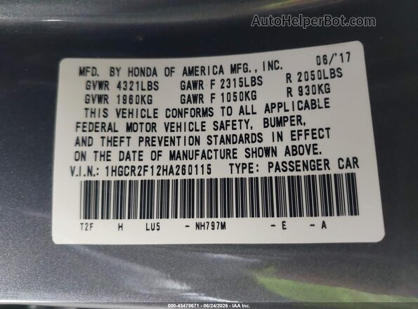 1HGCR2F12HA260115 2017 HONDA ACCORD Серый Вид подкапотного пространства