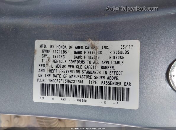 1HGCR2F15HA231756 2017 HONDA ACCORD Серебряный Вид подкапотного пространства