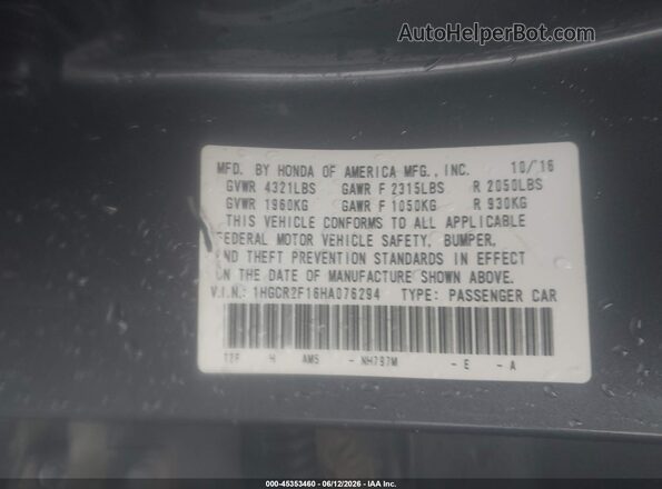 1HGCR2F16HA076294 2017 HONDA ACCORD Gray Շարժիչի բաժամունքի տեսք