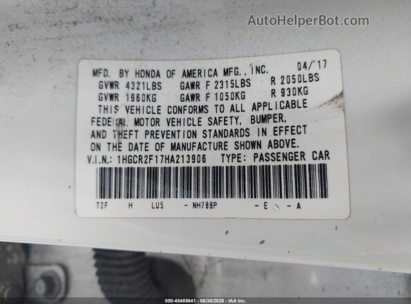 1HGCR2F17HA213906 2017 HONDA ACCORD White Vista del compartimento del motor