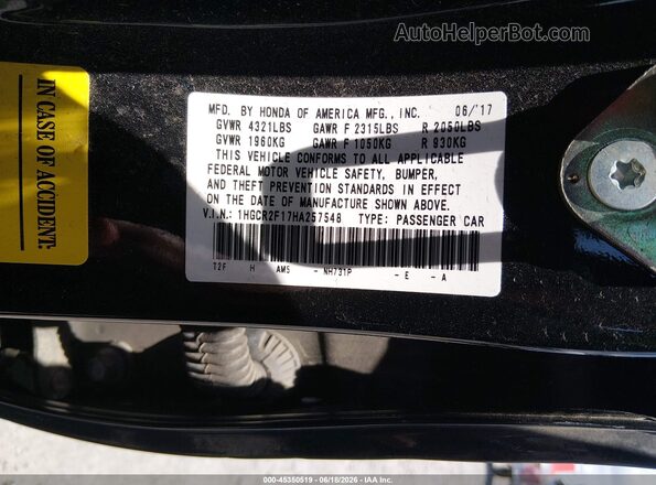 1HGCR2F17HA257548 2017 HONDA ACCORD Black ძრავის განყოფილების ხედი