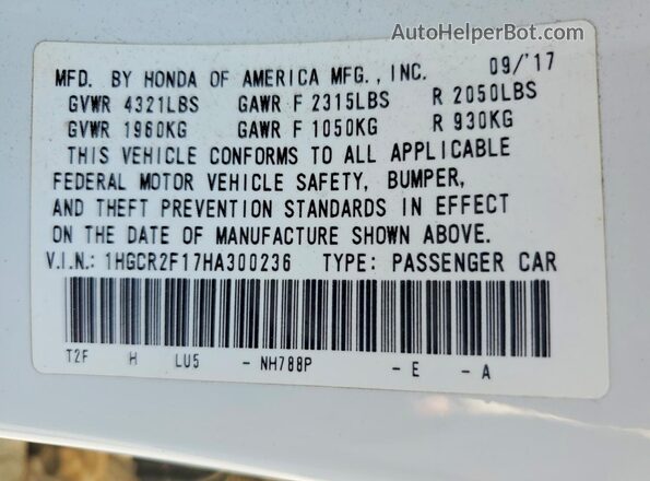 1HGCR2F17HA300236 2017 HONDA ACCORD Белый 