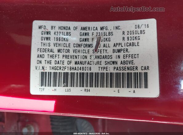 1HGCR2F18HA049016 2017 HONDA ACCORD Red Widok komory silnika