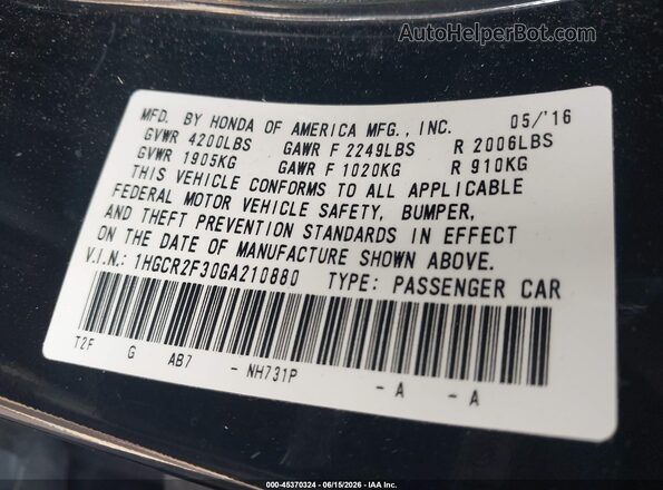 1HGCR2F30GA210880 2016 HONDA ACCORD Black Շարժիչի բաժամունքի տեսք