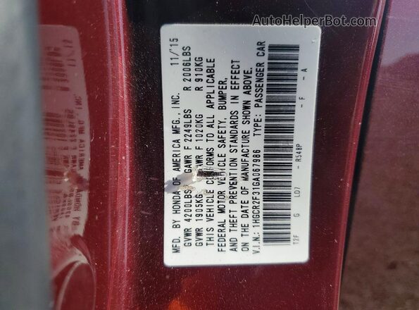 1HGCR2F31GA067986 2016 HONDA ACCORD Burgundy Widok naklejki z numerem VIN