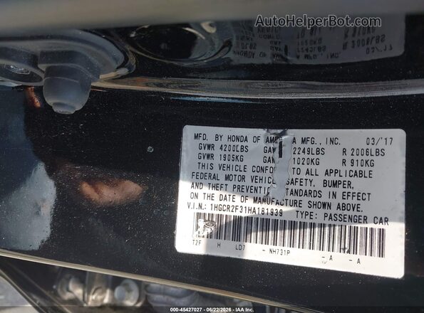 1HGCR2F31HA181939 2017 HONDA ACCORD Black Widok komory silnika