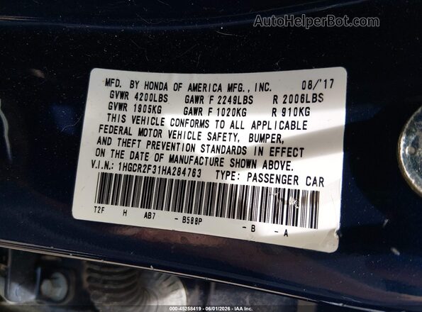 1HGCR2F31HA284763 2017 HONDA ACCORD Blue Widok komory silnika