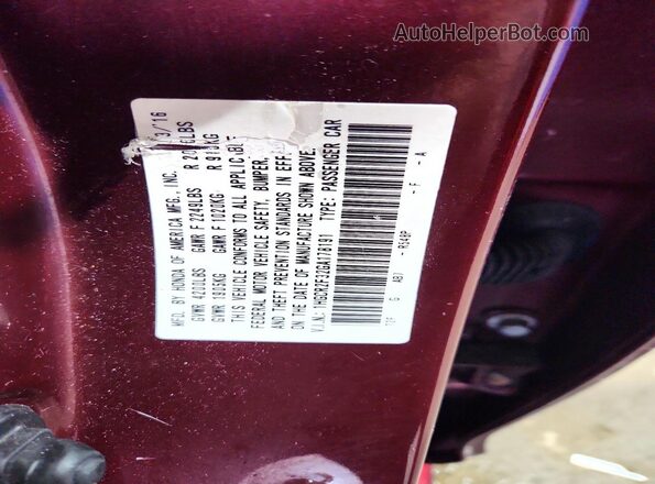 1HGCR2F32GA178191 2016 HONDA ACCORD Red Vista del compartimento del motor