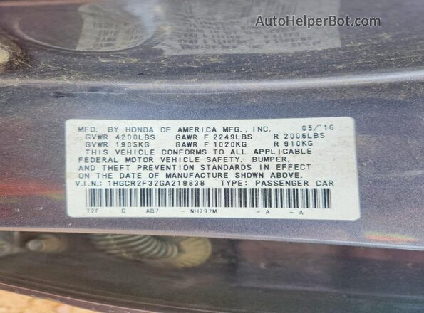 1HGCR2F32GA219838 2016 HONDA ACCORD Gray Вид підкапотного простору