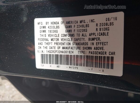 1HGCR2F32HA061924 2017 HONDA ACCORD Black Вид підкапотного простору