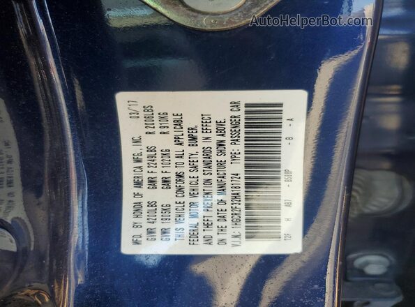 1HGCR2F32HA181724 2017 HONDA ACCORD Blue Vista de la etiqueta del VIN