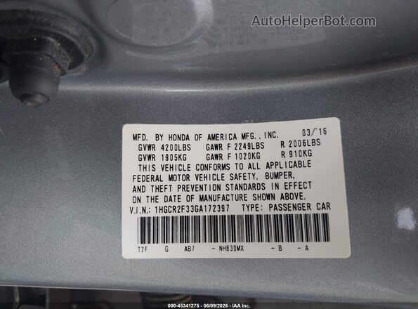 1HGCR2F33GA172397 2016 HONDA ACCORD Silver 