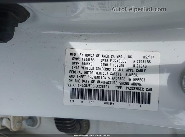 1HGCR2F33HA238531 2017 HONDA ACCORD White ძრავის განყოფილების ხედი