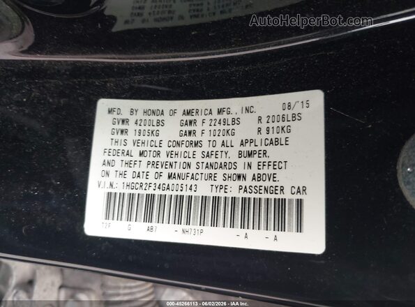 1HGCR2F34GA005143 2016 HONDA ACCORD Black Вид підкапотного простору
