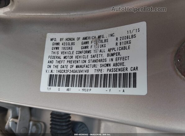 1HGCR2F34GA084149 2016 HONDA ACCORD Gold ძრავის განყოფილების ხედი