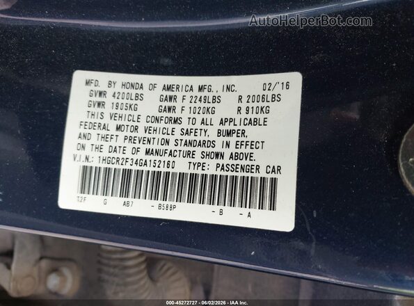 1HGCR2F34GA152160 2016 HONDA ACCORD Blue Widok komory silnika