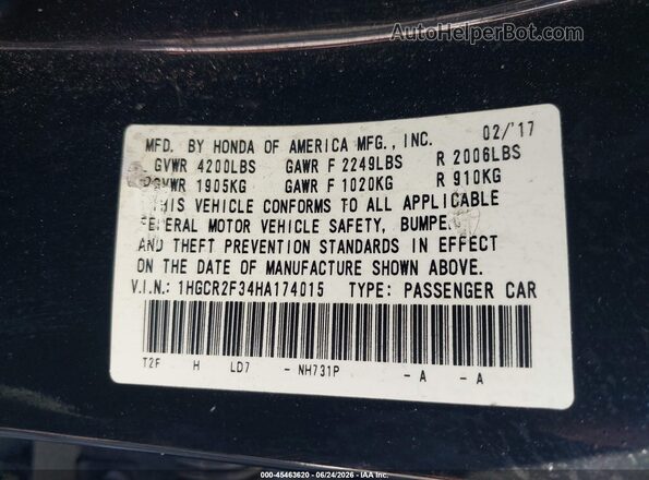 1HGCR2F34HA174015 2017 HONDA ACCORD Black ძრავის განყოფილების ხედი
