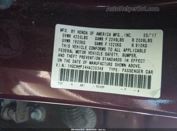 1HGCR2F34HA235346 2017 HONDA ACCORD Burgundy Вид підкапотного простору