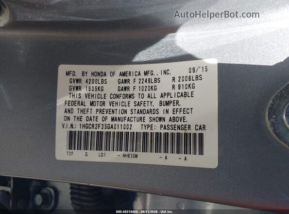 1HGCR2F35GA011002 2016 HONDA ACCORD Silver Вид підкапотного простору