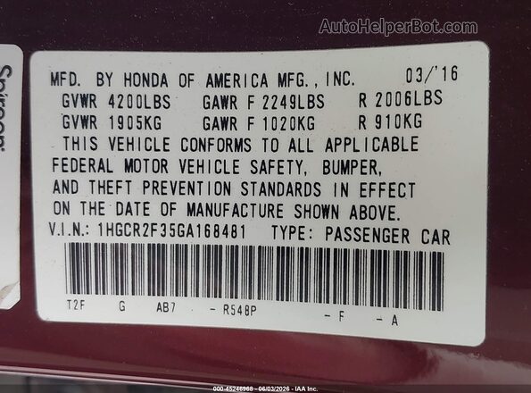 1HGCR2F35GA168481 2016 HONDA ACCORD Burgundy Շարժիչի բաժամունքի տեսք