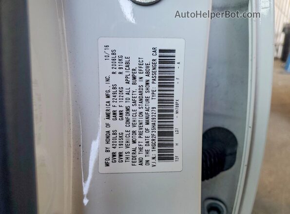 1HGCR2F35HA093279 2017 HONDA ACCORD Белый Вид наклейки с VIN-кодом