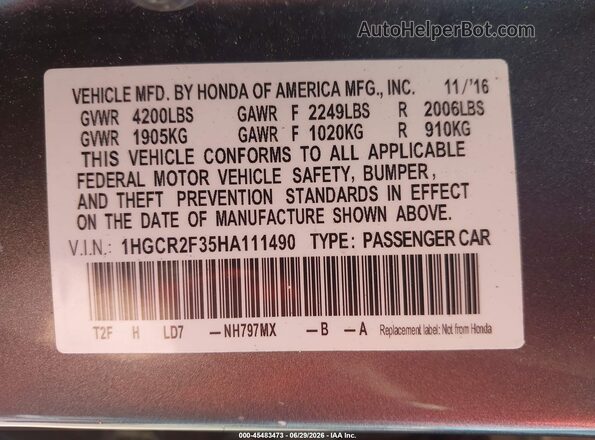 1HGCR2F35HA111490 2017 HONDA ACCORD Gray Engine compartment view