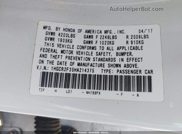 1HGCR2F35HA214375 2017 HONDA ACCORD White Շարժիչի բաժամունքի տեսք