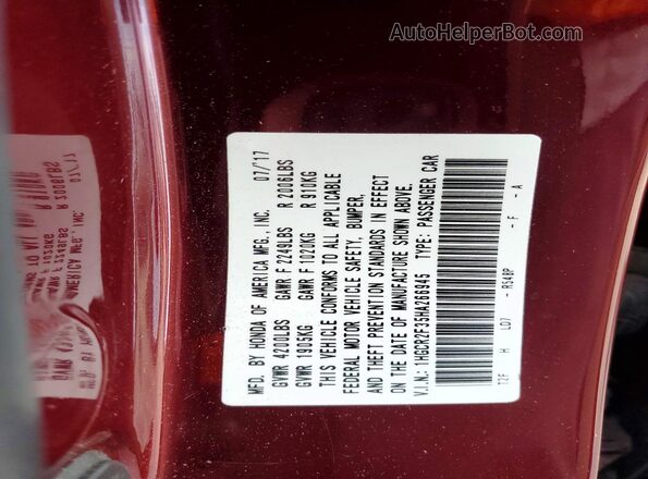 1HGCR2F35HA266945 2017 HONDA ACCORD Burgundy Widok komory silnika