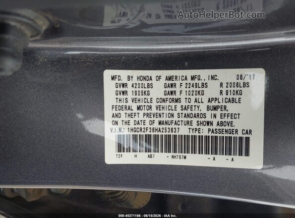 1HGCR2F36HA253637 2017 HONDA ACCORD Серый Вид подкапотного пространства
