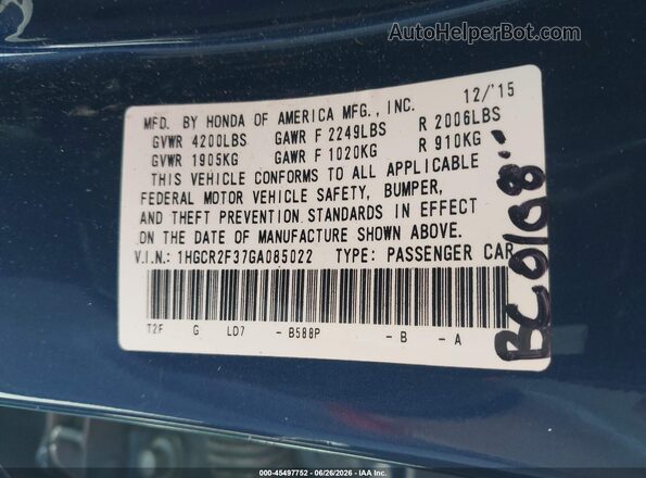 1HGCR2F37GA085022 2016 HONDA ACCORD Blue Вид підкапотного простору