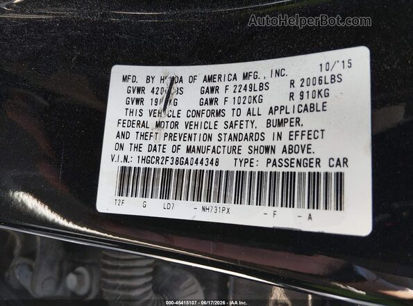 1HGCR2F38GA044348 2016 HONDA ACCORD Black Շարժիչի բաժամունքի տեսք