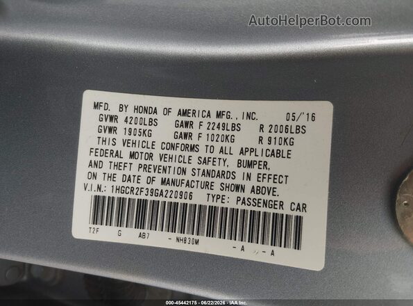 1HGCR2F39GA220906 2016 HONDA ACCORD Silver Engine compartment view