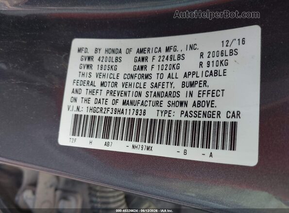 1HGCR2F39HA117938 2017 HONDA ACCORD Black Vista del compartimento del motor