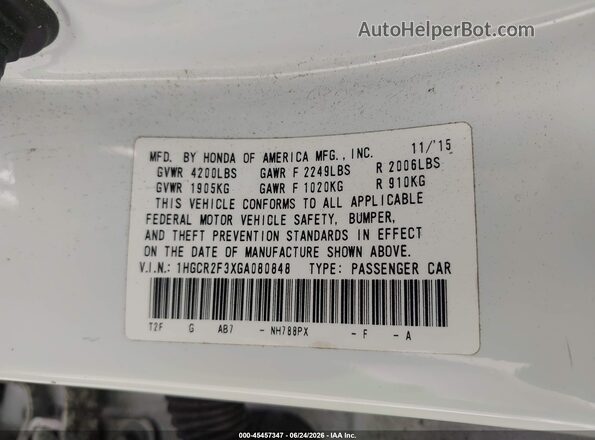 1HGCR2F3XGA080848 2016 HONDA ACCORD White Շարժիչի բաժամունքի տեսք