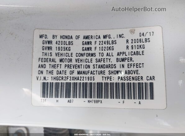 1HGCR2F3XHA221905 2017 HONDA ACCORD White Вид підкапотного простору