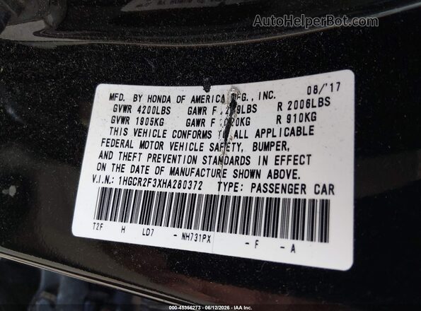 1HGCR2F3XHA280372 2017 HONDA ACCORD Black Շարժիչի բաժամունքի տեսք