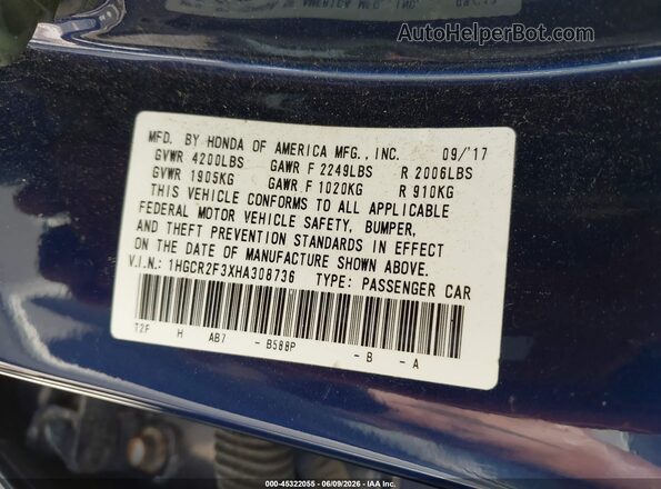 1HGCR2F3XHA308736 2017 HONDA ACCORD Blue Vista del compartimento del motor