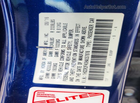 1HGCR2F40HA057976 2017 HONDA ACCORD Blue VIN sticker view