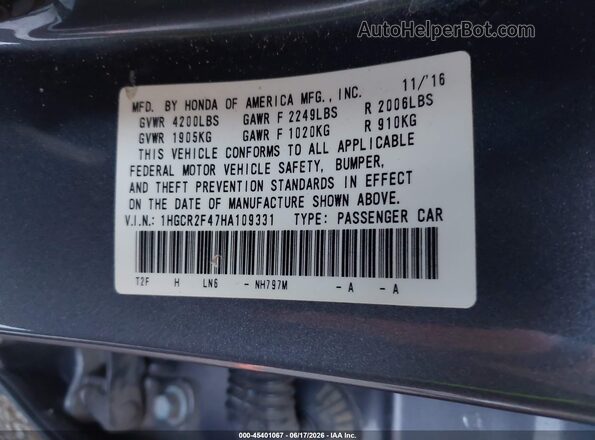 1HGCR2F47HA109331 2017 HONDA ACCORD Gray ძრავის განყოფილების ხედი