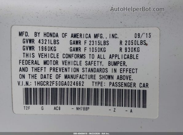 1HGCR2F50GA024662 2016 HONDA ACCORD White Engine compartment view