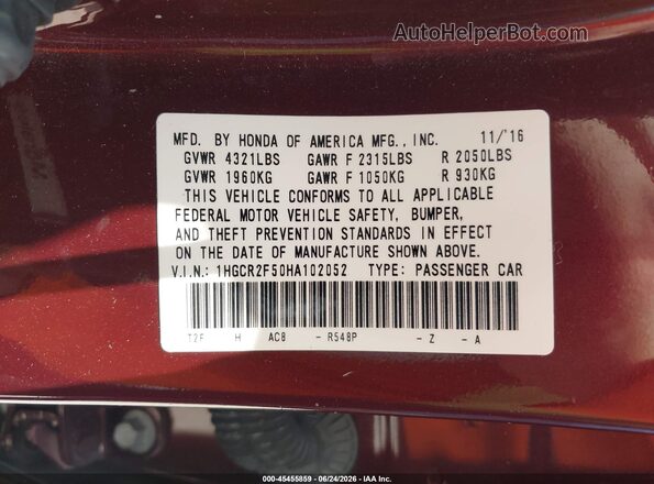 1HGCR2F50HA102052 2017 HONDA ACCORD Burgundy ძრავის განყოფილების ხედი