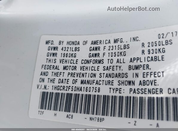 1HGCR2F50HA160758 2017 HONDA ACCORD White Շարժիչի բաժամունքի տեսք