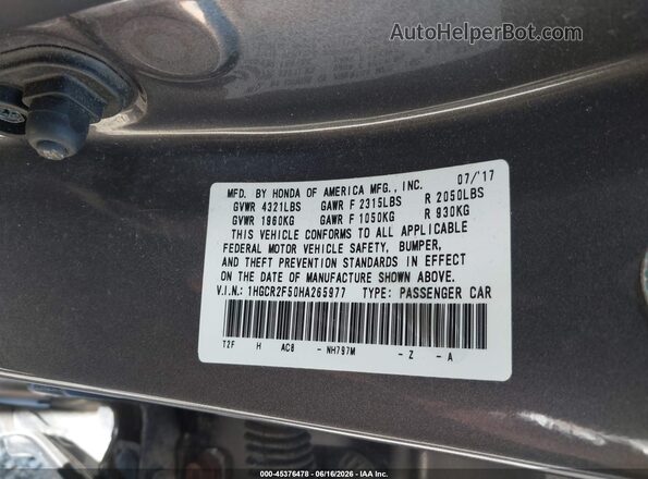 1HGCR2F50HA265977 2017 HONDA ACCORD Gray Engine compartment view