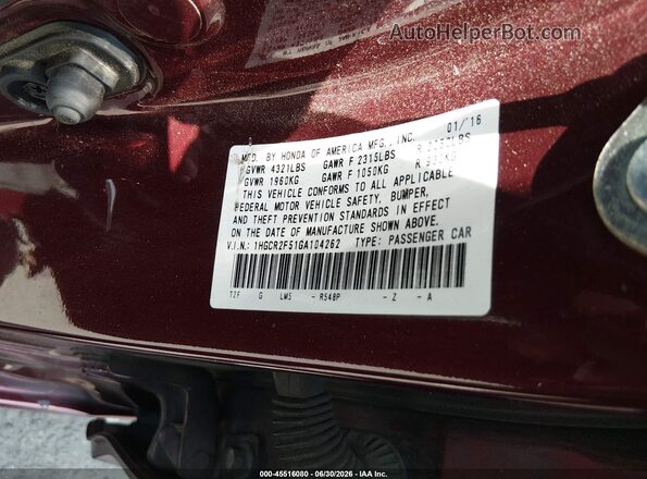 1HGCR2F51GA104262 2016 HONDA ACCORD Burgundy Vista del compartimento del motor