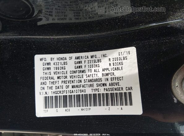 1HGCR2F51GA107940 2016 HONDA ACCORD Black 