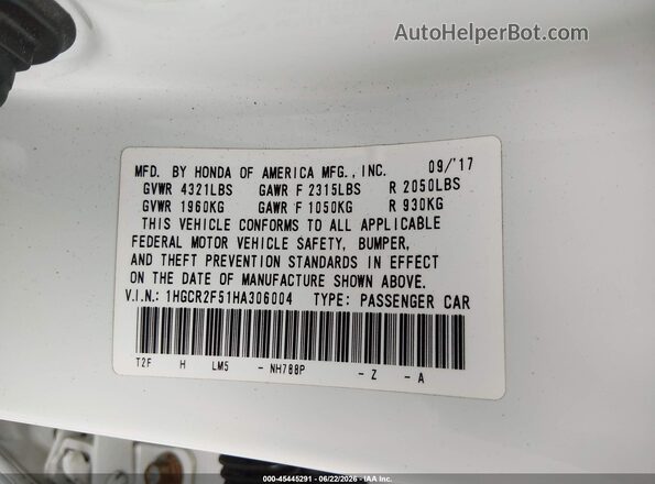 1HGCR2F51HA306004 2017 HONDA ACCORD White Vista del compartimento del motor