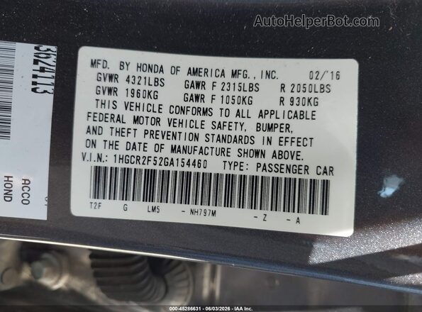 1HGCR2F52GA154460 2016 HONDA ACCORD Gray Շարժիչի բաժամունքի տեսք